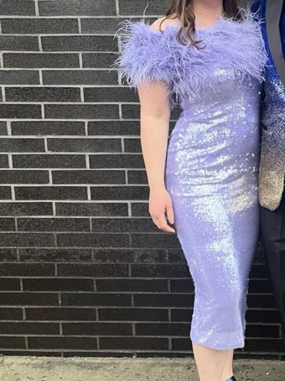 AKIRA Feather Detail Strapless Sequin Dress In Purple